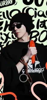 Trendy music lover with sunglasses holding microphone in graffiti background.