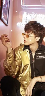 Stylish individual in neon-lit room wearing gold and black fashion attire.