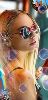 Trendy woman with neon and bubbles in a vibrant urban wallpaper.