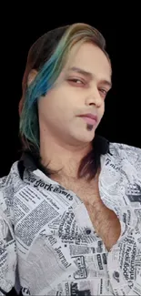 Stylish man with colorful hair in a newspaper print shirt posing.