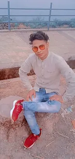 Man in stylish casual outfit with red shoes and orange sunglasses outdoors.