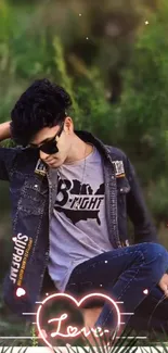 Stylish young man in denim fashion posing outdoors with nature background.