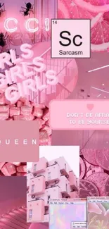 Pink aesthetic collage wallpaper with motivational words.