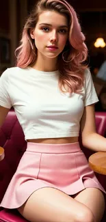 Stylish young woman with pink hair in a chic café setting.