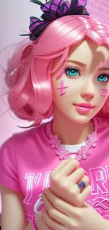 Anime character with pink hair and accessories in a trendy wallpaper.