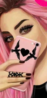 Mobile wallpaper of pink-haired woman holding phone with heart design.