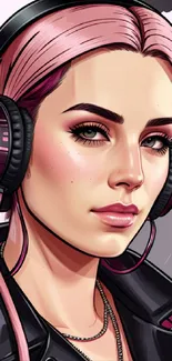 Stylish woman with pink headphones art wallpaper.