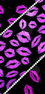 Mobile wallpaper with pink lips on a black background with diagonal placement.