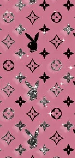 Pink wallpaper with black and silver patterns for a stylish phone background.