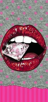 Pop art wallpaper with red lips and diamond on polka dot background.