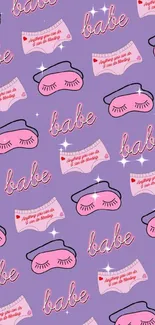 Trendy purple wallpaper with cute 'babe' text and stylish illustrations.