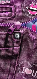 Vibrant purple denim art with zipper and pop design elements.