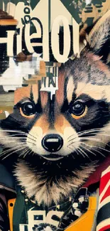 Trendy raccoon collage in urban style with colorful design elements.