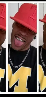 Collage of a person in a red hat and gold chain with vibrant expression.