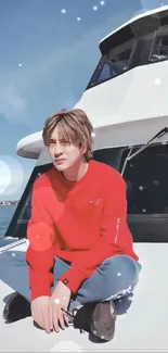 Young person in red sweater sitting on a boat with a blue sky background.