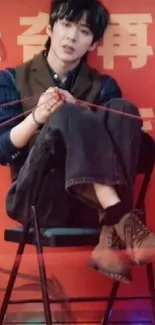 Stylish person on a chair with a red background.