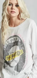 Trendy woman wearing a retro graphic tee.