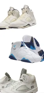 Three pairs of stylish sneakers in white and blue colors.