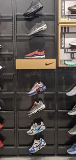 Vibrant collection of sneakers displayed on retail shelves.