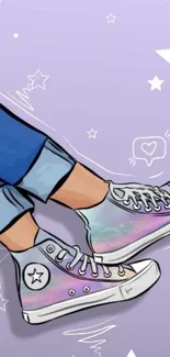 Cartoon sneakers on a purple background, stylish wallpaper.