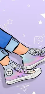 Cartoon sneakers on pastel lavender background.