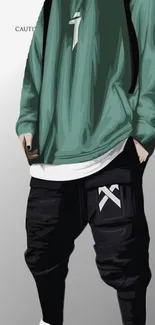 Stylish streetwear outfit mobile wallpaper in dark green and black tones.