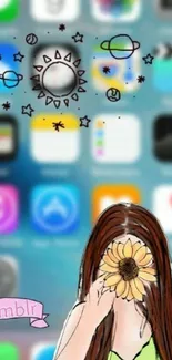 Artistic sunflower illustration on phone wallpaper with app icons.