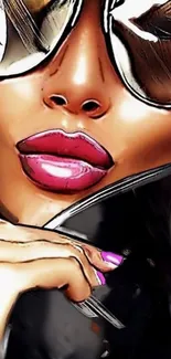 Stylish artwork of glossy lips and sunglasses in chic fashion.