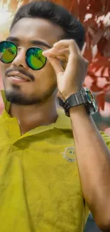 Man wearing sunglasses and a yellow shirt with red foliage background.