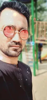 A person wearing red sunglasses outdoors with star effects on a sunny day.