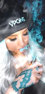 Tattooed woman vaping with colorful smoke.