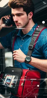 Modern individual with red bag using gadgets in car.