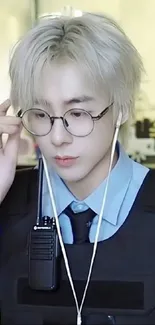 Teen in glasses with a modern style, light blue dominance.