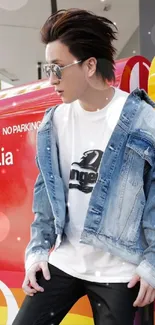 Person in denim jacket by colorful post boxes.