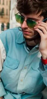 Young man in blue shirt and sunglasses in urban setting.