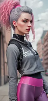 Woman in urban fashion with pink hair and purple leggings.