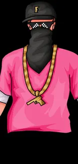 Cartoon gangster in pink shirt with black background.