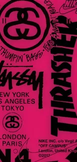 Vibrant pink wallpaper with brand logos like Stussy and Thrasher.