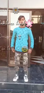 Man in sky blue top and camouflage pants with modern text overlay.