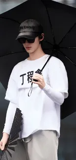 Person with stylish outfit and umbrella in urban setting.