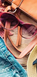 Vintage summer fashion items with hat, denim, and sunglasses.