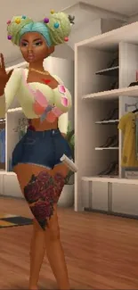 Virtual character in trendy attire with colorful highlights in a chic store setting.