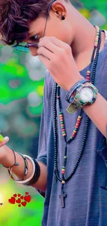 Trendy young person with accessories, vibrant wallpaper.