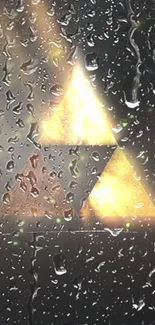 Glowing triangle on a rainy glass background wallpaper.