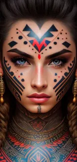 Tribal art face with colorful patterns on mobile wallpaper.