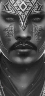 Monochrome tribal art wallpaper for mobile with intricate facial patterns.