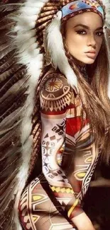 Woman in tribal attire with feather headpiece, earthy tones.