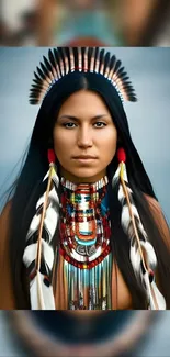 Tribal woman with feather headdress and jewelry in blue-gray tones.