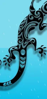 Black tribal gecko design on blue background wallpaper.