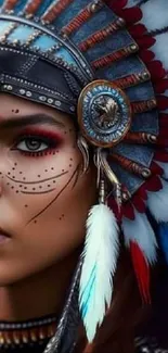 Portrait of person in tribal headdress with colorful feathers.